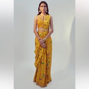 DRISHTI & ZAHABIA Yellow Dupion Silk Floral Pre-draped Saree With Blouse